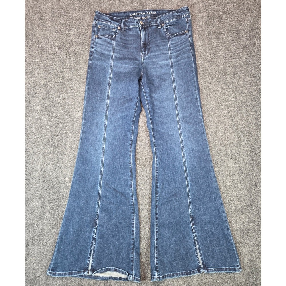American Eagle Next Level Stretch Flare Jeans Womens 14 Blue Seam Split Hem